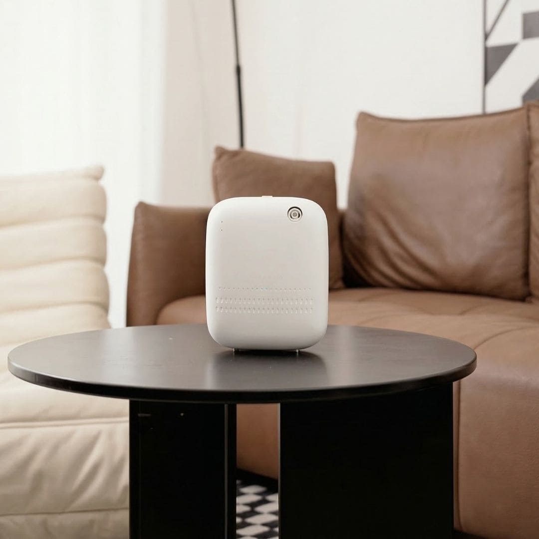 Smart aroma diffuser controlled via Bluetooth mobile app with adjustable fragrance settings